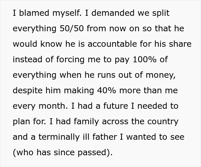 Text describing a tired woman reflecting on quiet quit marriage issues involving financial imbalance and family responsibilities.