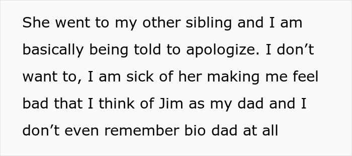 Text excerpt about a teen expressing feelings toward stepdad and sibling conflict over calling him dad. Text excerpt about a teen expressing feelings toward stepdad and sibling conflict over calling him dad.