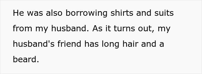 Text excerpt describing a suspicious husband with long hair borrowing shirts and suits from the narrator's spouse.