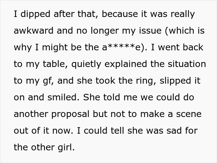 Text excerpt describing a guy's planned proposal going awry when his ring ends up in another woman's dessert.