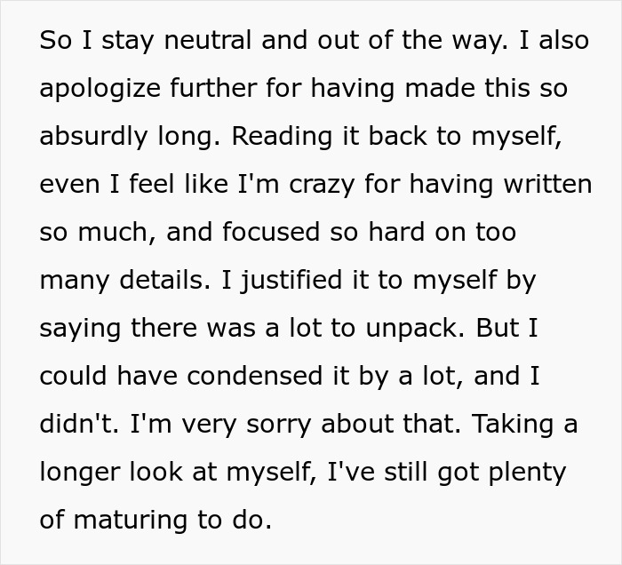 Text excerpt showing a woman reflecting on her parenting and apologizing for being overly detailed and needing to mature.