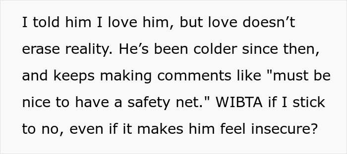 Text showing a man with debt wanting half of girlfriend’s inherited house and her refusal to add him to the deed.