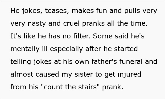 Text excerpt describing groom pranks, teasing, and cruel behavior causing distress at family events.