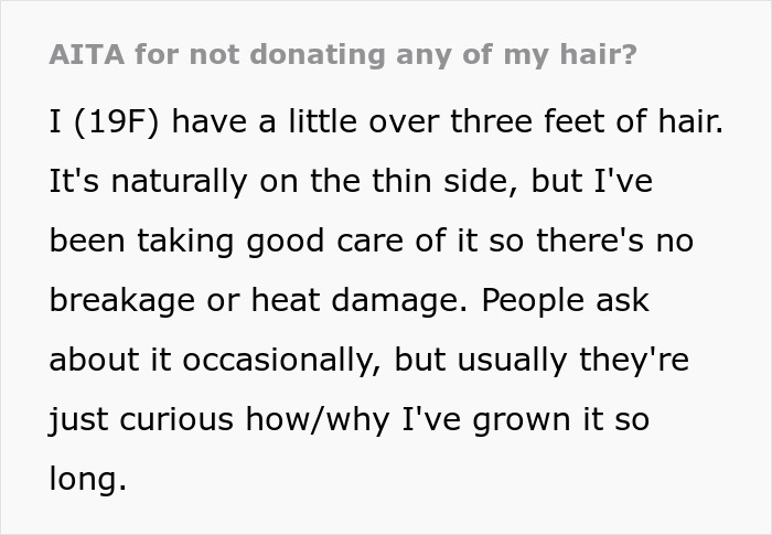 Text post from a 19F explaining why she refuses to cut her long hair for her sister's wig donation.