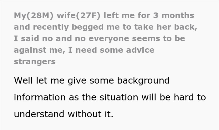 Text excerpt discussing a man giving his wife a second chance after she left and begged him to take her back.