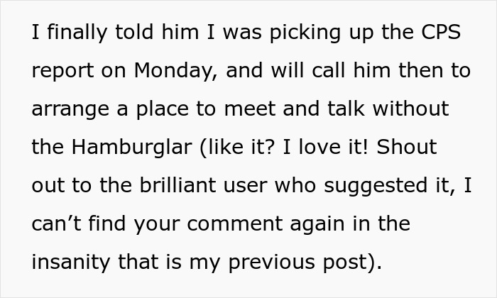 Alt text: Text message about arranging a meeting and mentioning a Hamburglar in relation to a CPS report.