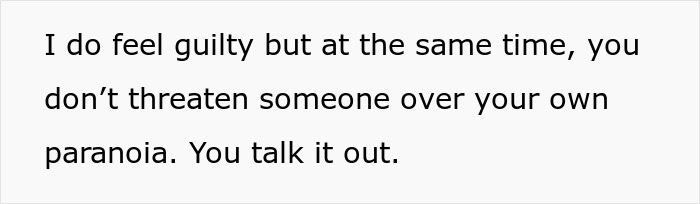 Text image showing a quote about guilt and advising against threatening someone over paranoia, related to a teacher's malicious threats.