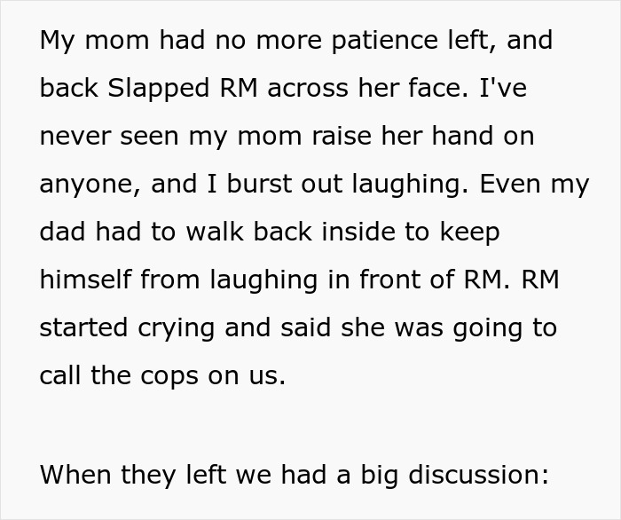 Text excerpt describing a woman shocked as roommate&rsquo;s parents use a spare key and act like babysitters.