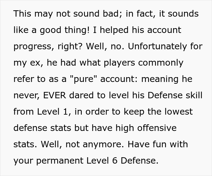 Text excerpt explaining a RuneScape pure account with low defense level, highlighting ruined progress and permanent level 6 defense. - 44