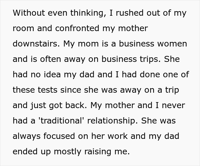 Text excerpt describing a DNA test revealing family chaos after a man finds out his uncle is his dad.