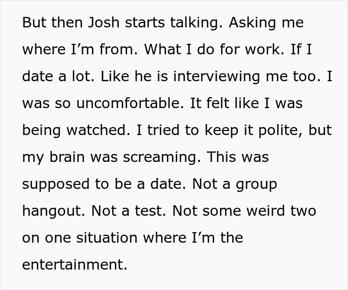 Text excerpt describing an uncomfortable first date with a nervous guy bringing a bestie as a chaperone.