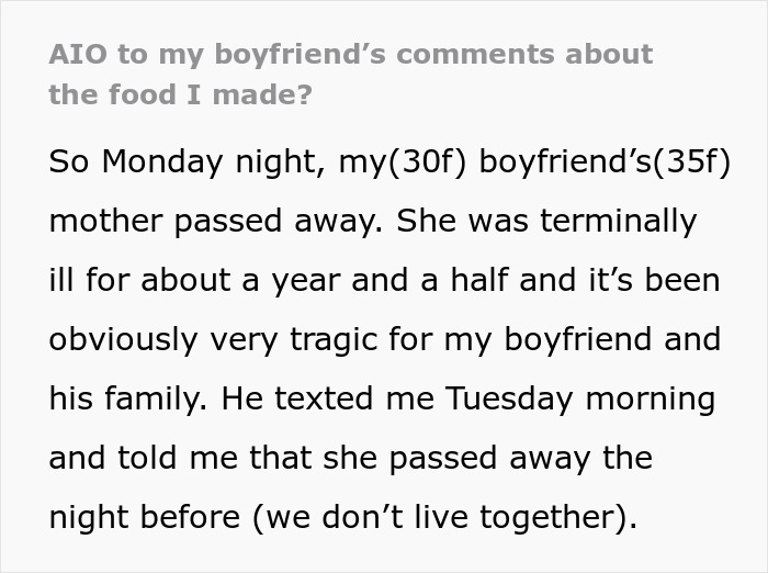 Woman brings leftovers to support boyfriend in mourning, faces criticism over inedible food comments.