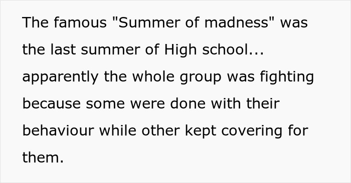 Text excerpt discussing a high school summer of conflict involving behavior and covering up related to husband best friend cheating.
