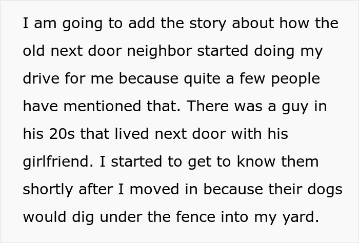 Text discussing a woman refusing to lend her new snow blower to a neighbor she never met before.