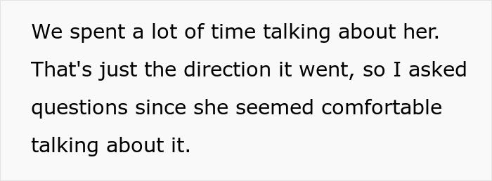 Text excerpt showing a conversation about a woman and a man learning her tragic story after a crude drawing incident.