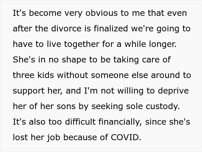 Text excerpt discussing post-divorce living arrangements and financial struggles after wife's secret exposed.