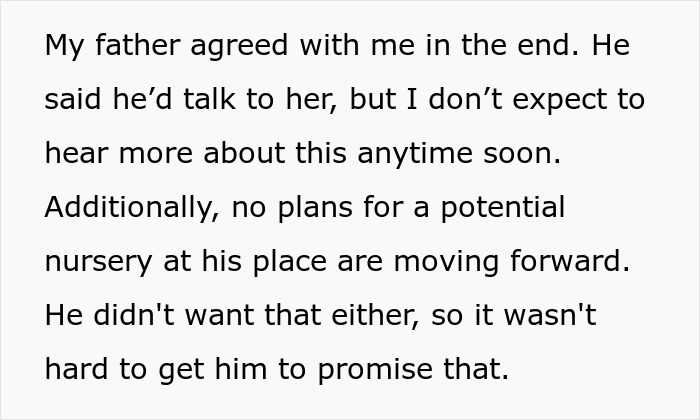 Text excerpt discussing a father's agreement to address his girlfriend's baby fever and no nursery plans moving forward.