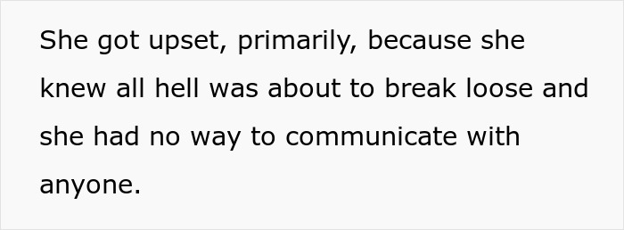 Text on a white background narrates a woman getting upset as she feared chaos and lacked a way to communicate with others.