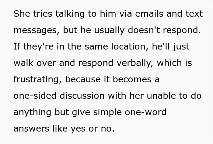 Text describing a strained communication where a man responds verbally but gives one-word answers, linked to a crude drawing incident.