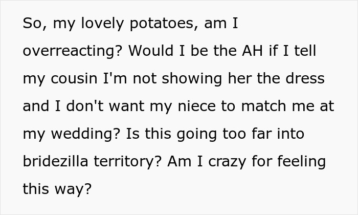 Text about attention-seeking mom wanting to dress her 3-year-old daughter in the same dress as the bride, questioning boundaries.