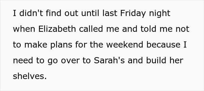 Text excerpt showing a woman volunteering boyfriend for free labor and his refusal to help build shelves.