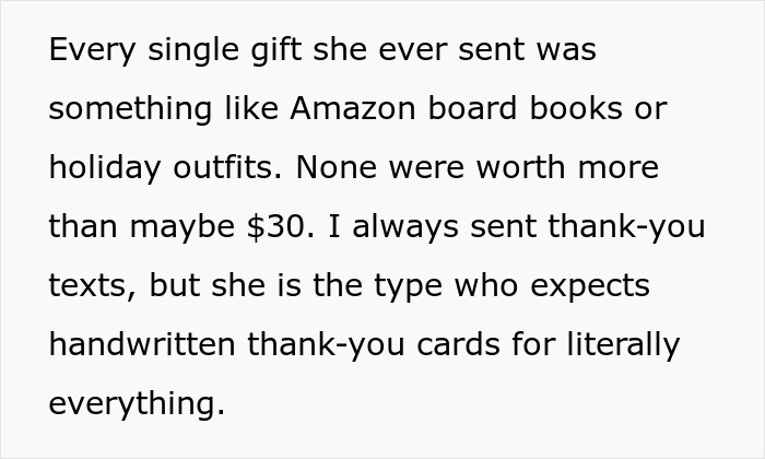 Text excerpt from a story describing postpartum boundaries and disappointing gift exchanges from a mother.