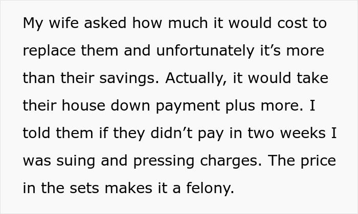 Man explains cost to replace stolen expensive Lego sets, warns cheating ex-wife's boyfriend about felony charges and legal action.