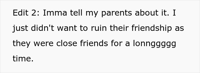 Text excerpt discussing telling parents about roommate&rsquo;s parents using spare key and acting like babysitters.