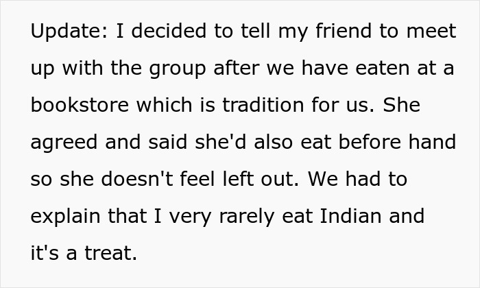 Text excerpt about a woman tired of her friend&rsquo;s strict diet, explaining a birthday meal compromise with friends.