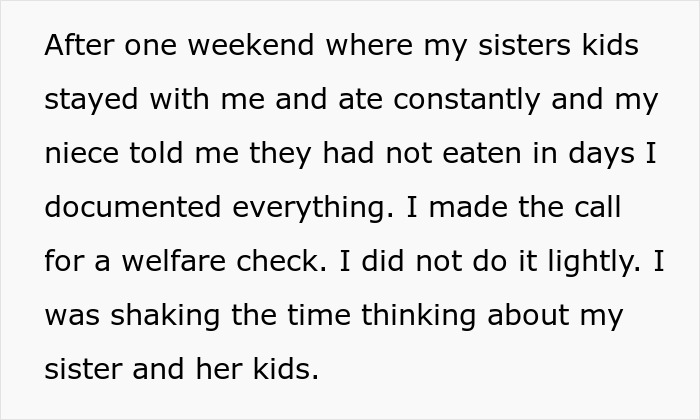 Text describing a sibling reporting neglectful mom after documenting welfare concerns and calling child protective services.