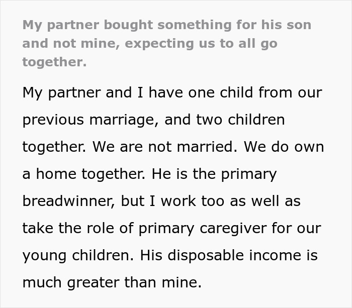 Text excerpt about a woman describing her partner who earns five times her salary and their child&rsquo;s ski pass issue.