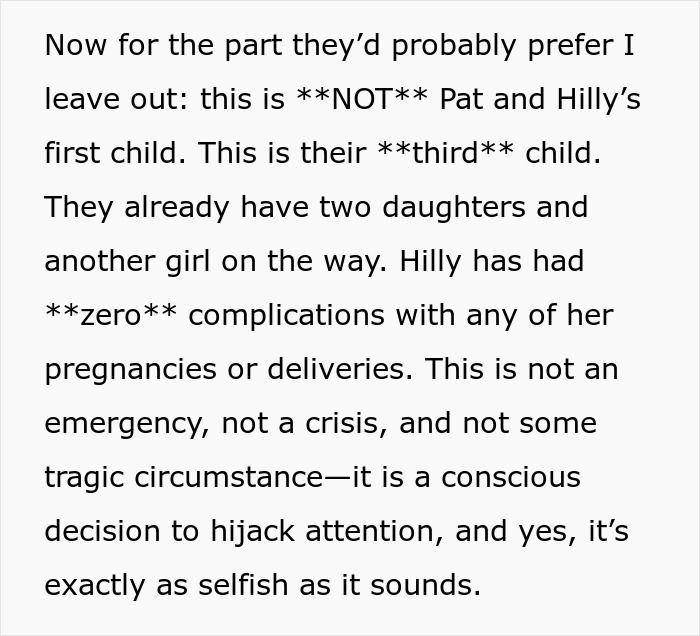 Text excerpt discussing a groom&rsquo;s brother causing drama at a wedding and throwing a baby shower on the same day.