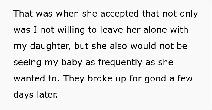 Text excerpt discussing a breakup triggered by concerns over dad's girlfriend’s baby fever and daughter’s reaction.