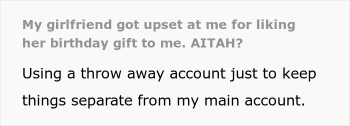 Text post about woman upset boyfriend likes her gift, expecting him to dump her, shared on a social media forum.