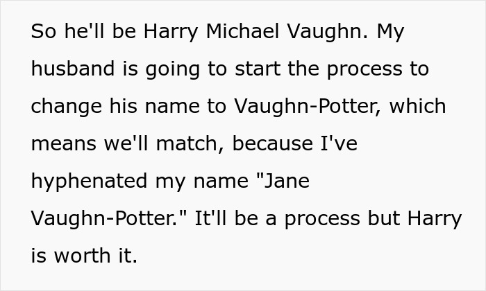 Text about naming son Harry Potter and changing family name to Vaughn-Potter for matching.