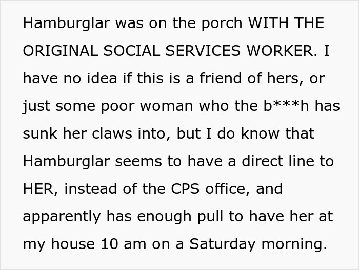 Text discussing Hamburglar's influence on social services and CPS visits related to food theft allegations involving a step-mom.