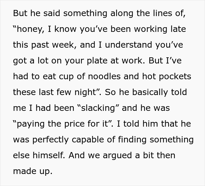 Man complains about paying the price and eating fast food while wife works longer shifts causing tension at home.