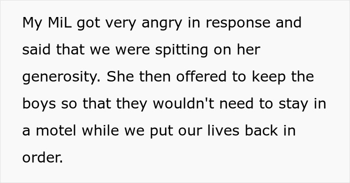Text describing a difficult relationship with an evil MIL who shows no sympathy after their home burns down.