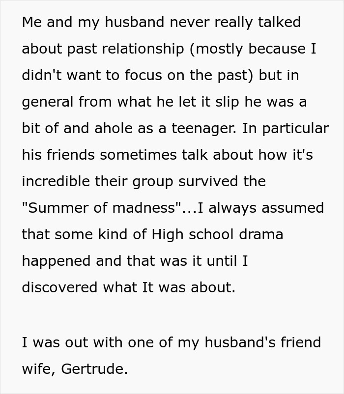 Text excerpt discussing discovery of husband best friend cheating through past high school drama and friend conversations.