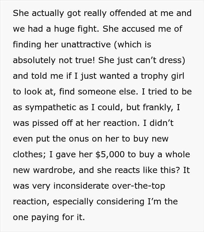 Text excerpt showing a man feeling embarrassed by girlfriend&rsquo;s style and recalling her childhood trauma during a conflict.