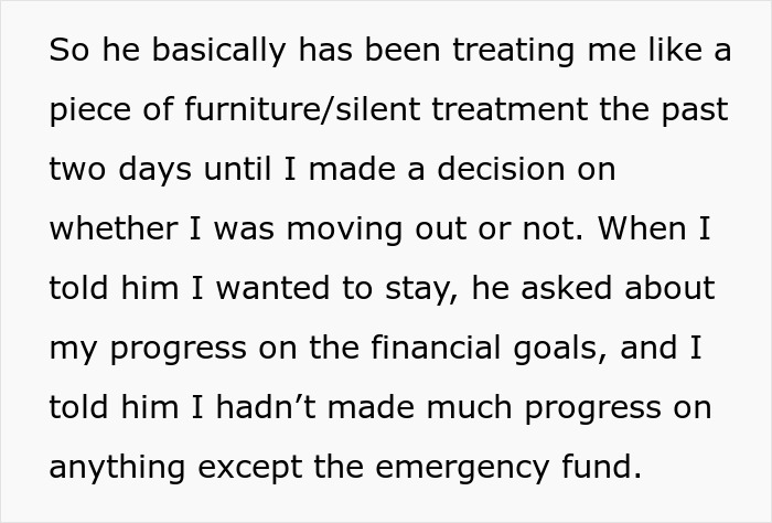 Text discussing financial progress and silent treatment in a relationship after boyfriend gives girlfriend time to fix finances.