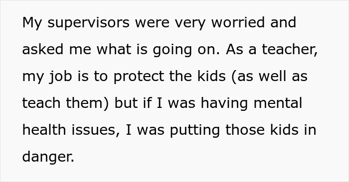 Text from a concerned teacher explaining supervisors worried about mental health issues risking student safety in a school setting.