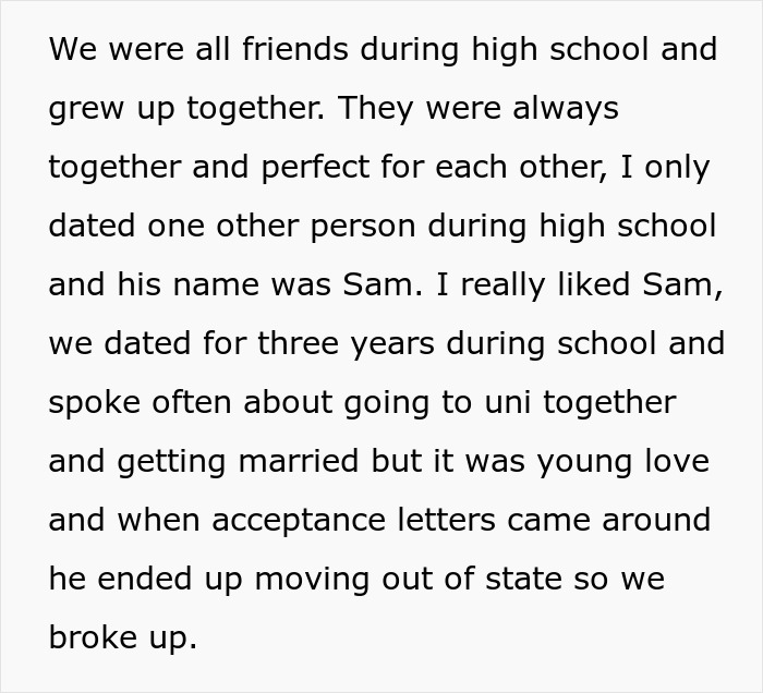 Text post showing a story about a man struggling with his girlfriend's maid of honor duties at a friend's wedding.