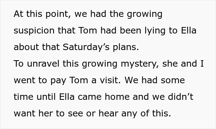 Text excerpt discussing suspicion and plans to confront Tom, related to teen making stepmom miserable on wedding day.