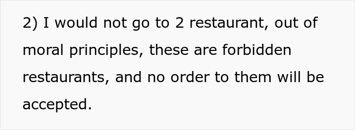 Text excerpt discussing refusal to order from certain forbidden restaurants due to moral principles, causing conflict with coworker.