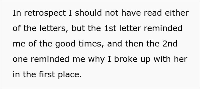 Text on a plain background reflecting on past letters and memories in a man date single mom drama context.