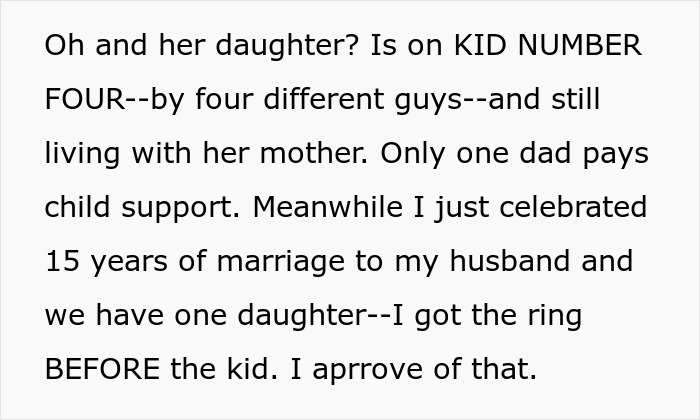 Text showing a woman judging a coworker&rsquo;s life choices while ignoring her own moral inconsistencies.