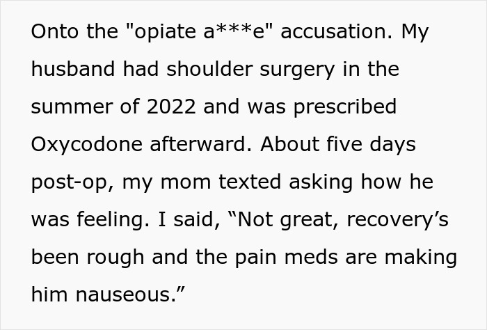 Text excerpt discussing postpartum boundaries, o****d use, and family conflict over medication after surgery recovery.