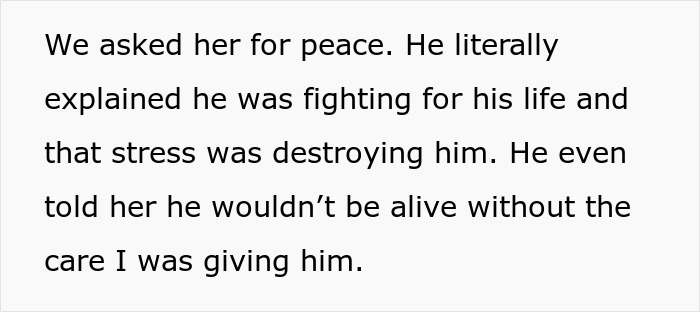 Text excerpt describing a terminal son's struggle and the stress caused by his mother-in-law's ultimatum within family tensions.