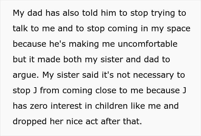 Text excerpt showing a family conflict involving a younger sister causing trouble over boundaries and comfort issues.